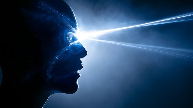 Prompt: A striking psychological concept artwork of intense drive. A dark silhouette profile of a head looking forward is blended via double exposure with a high-energy pulsar star, spinning 