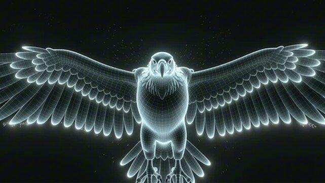 Glowing holographic eagle with spread wings on black background, futuristic 3D wireframe digital bird concept.
