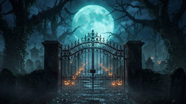 Spooky cemetery gate at night. Haunted graveyard.