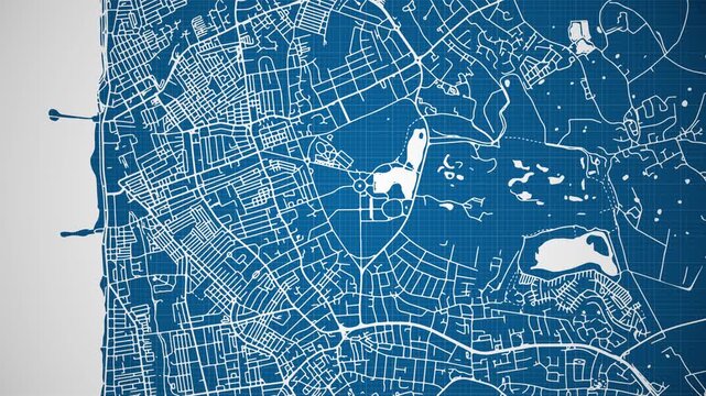 Ink reveal animation of Blackpool city, Lancashire, England, United Kingdom, grid map. Aerial top view. Blueprint style. White lines with blue background. 4K Seamless loop.