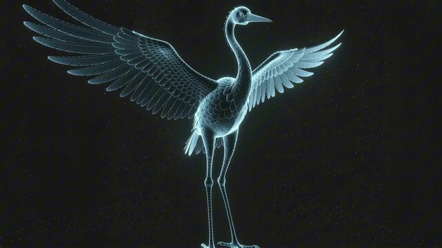 Crane bird hologram glowing with blue light, wings fully spread on a dark starry background. Futuristic 3D rendering of translucent avian anatomy.
