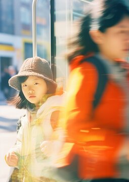 Motion blur a kid waiting at the bus stop with his mother portrait photography adult.