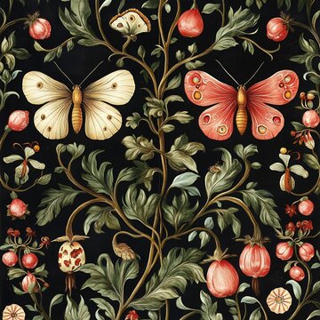 Elegant Vintage Floral Botanical Butterfly Pattern Dark Background Red White Butterflies Intricate