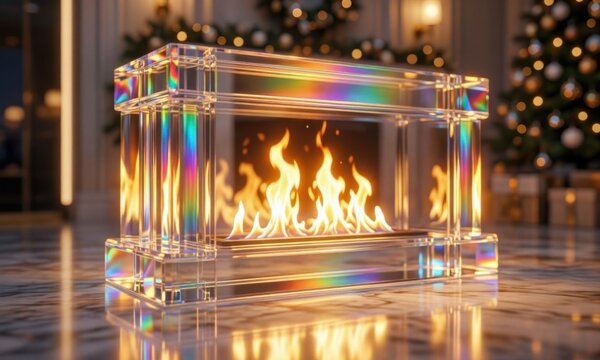 Modern glass fireplace with vibrant flames in luxury living room. Stylish transparent electric fire feature for contemporary home decor and cozy am...