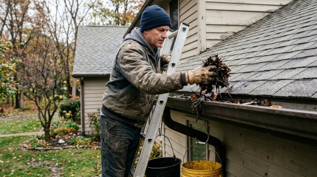 Man cleaning gutters on a house with a ladder. He is wearing gloves and holding a bunch of leaves and debris