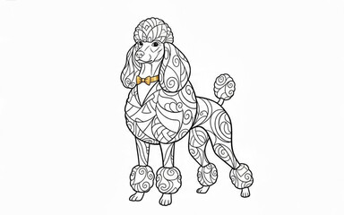 Obraz premium Intricate Zentangle Poodle Dog Coloring Page with Detailed Geometric Patterns and a Cute Yellow Bow Tie