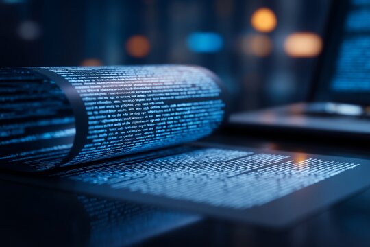 Open book with glowing digital text on dark surface.