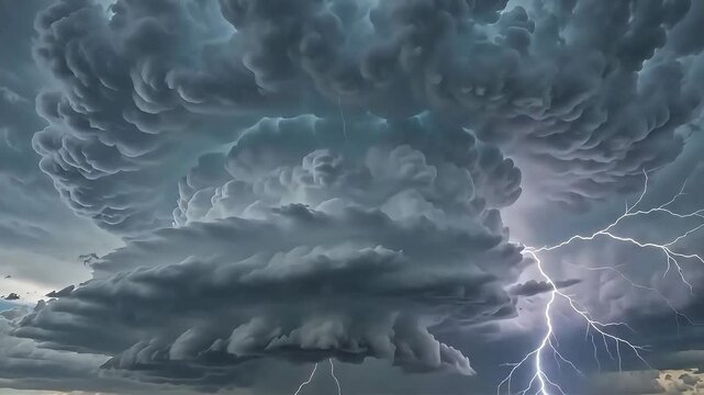 Massive Supercell Thunderstorm Cloud with Lightning Flashes