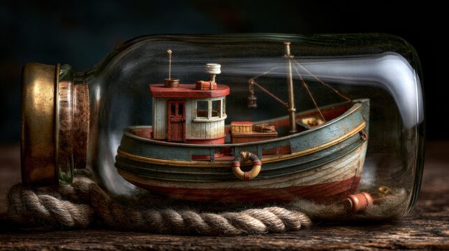 A small boat model is placed inside a glass bottle. The background is dark and maritime. The boat stands out against the worn wooden surface.