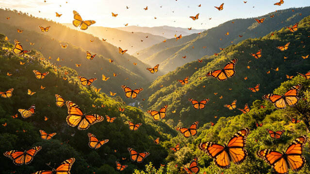 Butterfly Valley Thousands of monarch butterflies naturally filling a lush green mountain valley at dawn