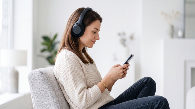 Cinematic portrait of young woman wearing wireless headphones while holding smartphone and enjoying favorite music