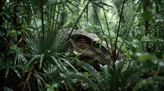 Iguanodon A prehistoric raptor emerges from the dense jungle foliage, its reptilian eye scanning the overgrown environment with predatory instinct.