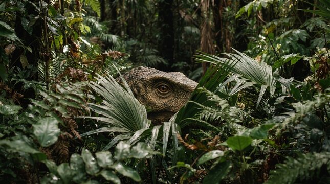 Iguanodon A dinosaur emerges from the lush, dense foliage of a primeval jungle, its reptilian eye peering out from the shadows, evoking a sense of prehistoric wonder and mystery.