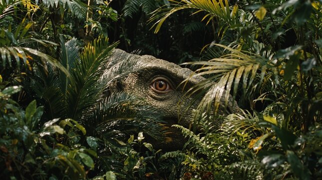 Iguanodon A dinosaur's eye peers out from dense jungle foliage, hinting at a prehistoric world teeming with ancient life and untamed wilderness.