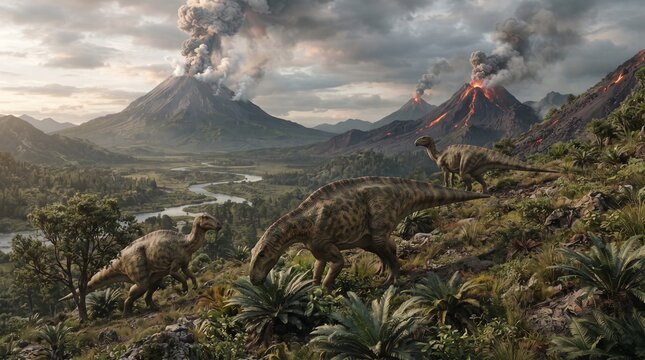 Iguanodon Prehistoric landscape teeming with life: majestic volcanoes erupt in the background, spewing ash into the sky, while diverse dinosaurs roam the lush, ancient terrain in the foreground.