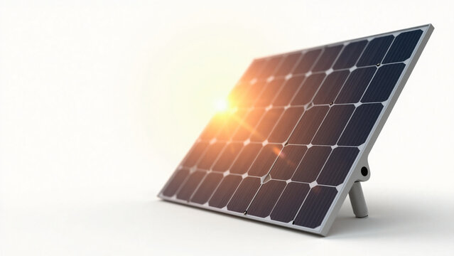 Golden sunset light highlights sleek solar panel textures on minimalist white background with ample text space