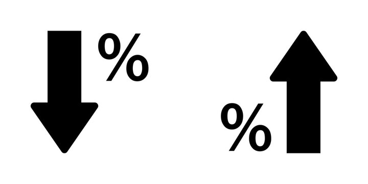 Black arrow icons with percent signs showing growth and decline for business and finance analysis