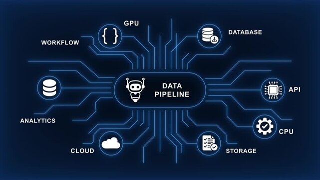Data pipeline architecture infographic with ai robot and digital network nodes for cloud computing and tech infrastructure visualization