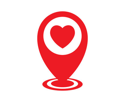 Red map pin icon with a heart symbol inside for location and love concepts