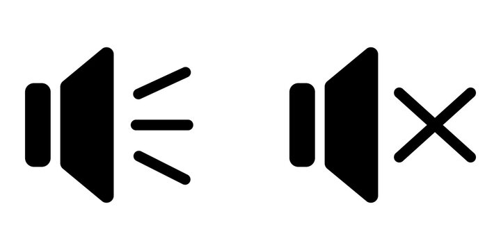 Black speaker volume and mute icons for audio control and sound settings