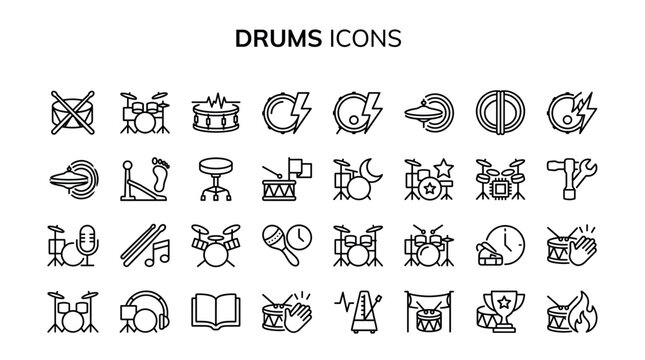 Drums collection, icons, percussion, linear, music featuring snare, cymbals, sticks, metronome, and rhythm symbols. Vector graphics for sound design, recording, or concert branding.