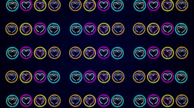 Vibrant Neon Heart Pattern Background Featuring Repeated Circular Icons with Glowing Outline Styles in Various Bright Colors Set Against a Dark Solid Navy Blue Backdrop Creating a Dynamic Digital Moti