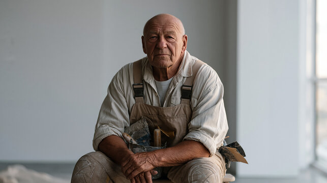 An elderly tiler sits in a minimalist studio on a low stool, grouting tools resting in lap, expression contemplative and still, the clean neutral background placing full focus on