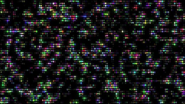 Vibrant multicolor digital grid of miniature playing card suits hearts diamonds clubs and spades flickering on a black background. Cyber casino neon lights, retro arcade glitch effect, high-contras a
