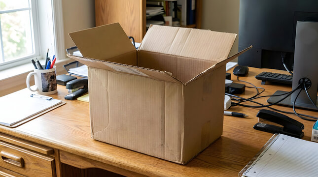 Open cardboard box on wooden desk with office supplies