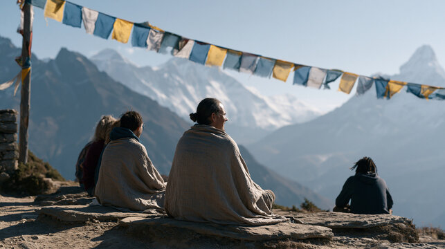 Tibetan prayer flags snap in harsh midday wind at mountain pass trailhead, course creation instructor leads multicultural group of students seated on flat stones recording lesson