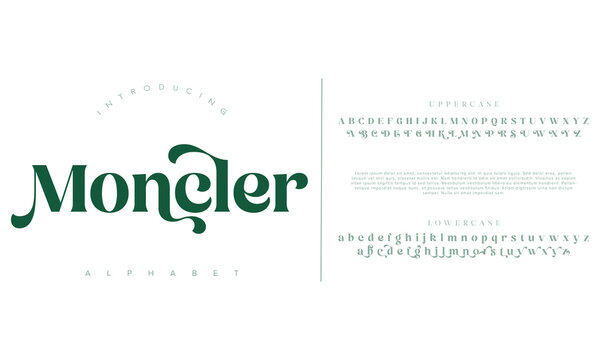 Moncler, Luxury sans serif alphabet letters font and number. Classic Lettering Minimal Fashion Designs. 