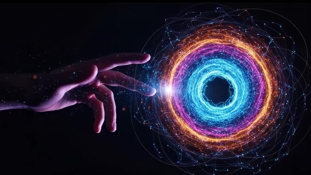 Abstract digital hand touching a glowing energy portal