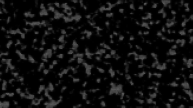 Monochromatic abstract knitted pattern background with glowing white pixelated heart stitches shifting dynamically against a deep black backdrop, retro digital cross-stitch texture loop, cozy winter