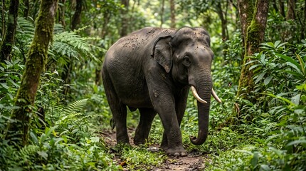 Fototapeta premium Elephant walking through lush jungle scene. Majestic wildlife in natural habitat, tropical rainforest environment, wildlife conservation concept.