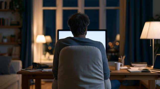 A game developer stares at a blank monitor in a desolate stripped office, before and after concept of creative block versus momentum, weight loss plateau metaphor, empty