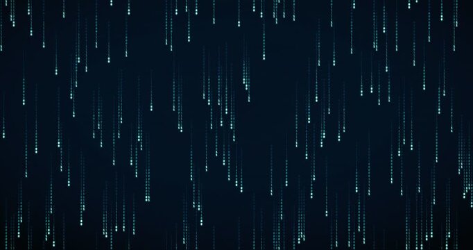 Binary digits cascade down in a dense, teal-hued code storm animation.