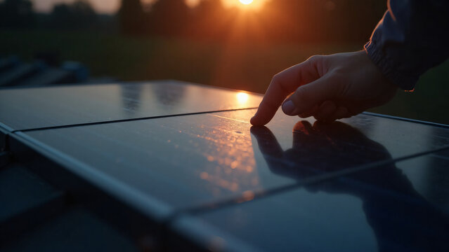 Solar panel touched by hand under twilight lighting with soft ambient glow on dark background
