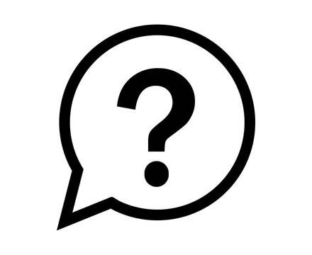 Black and white question mark symbol inside a round speech bubble icon