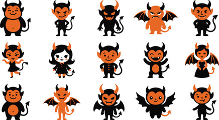 Naklejka premium Set of cute cartoon devil characters for halloween celebration featuring various expressions and poses on white background