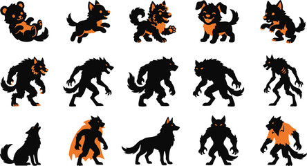 Naklejka premium Collection of werewolf character illustrations for halloween projects featuring various poses and dark fantasy creature designs