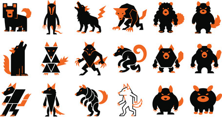 Fototapeta premium Collection of scary werewolf monster characters for halloween party decorations and spooky graphic design projects
