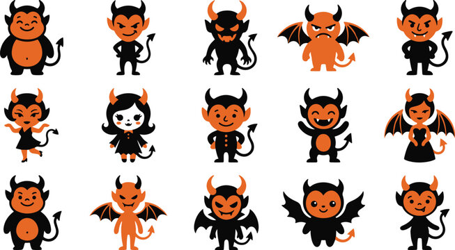 Set of cute cartoon devil characters for halloween celebration featuring various expressions and poses on white background