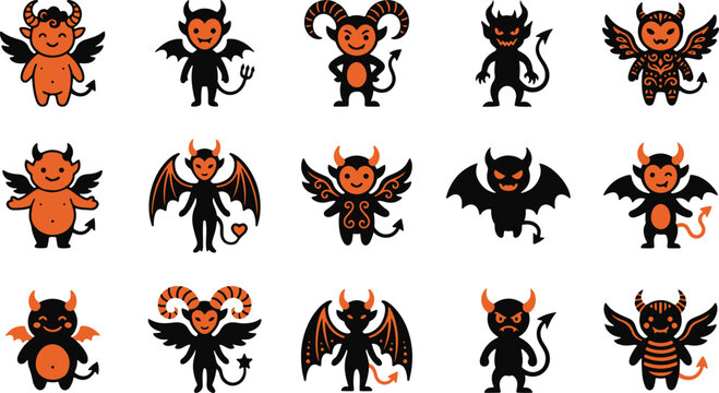 Set of cute cartoon devil characters for halloween party decoration and festive graphic design elements collection