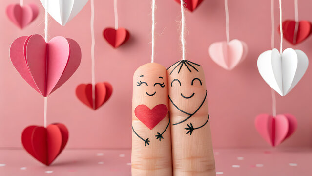 Finger puppets in love with hearts. Romantic couple concept for Valentine's Day greeting.