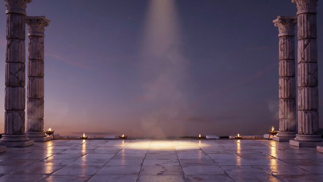 A majestic ancient stone temple terrace at twilight with glowing pillars and a dramatic beam of light shining down on the floor