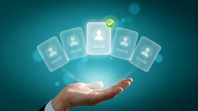A hand holding a digital holographic interface showing multiple user profile icons representing human resource management and recruitment of new talented employees