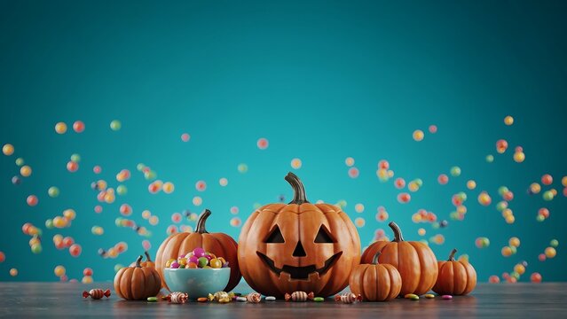 A festive halloween arrangement featuring a carved jack o lantern pumpkin surrounded by smaller pumpkins and colorful confetti on a teal background