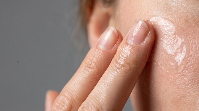 Close up of fingers applying clear gel serum to facial skin for skincare