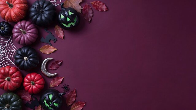 Festive halloween background featuring a collection of colorful decorative pumpkins and autumn leaves arranged on a dark purple surface with copy space