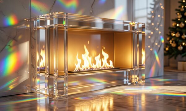 Modern glass electric fireplace with realistic flames in luxury living room. Contemporary indoor heating unit with LED lighting for cozy ambiance a...